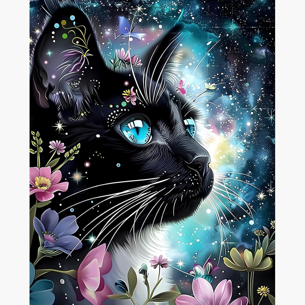 Broderie Diamant - Chat noir fleuri