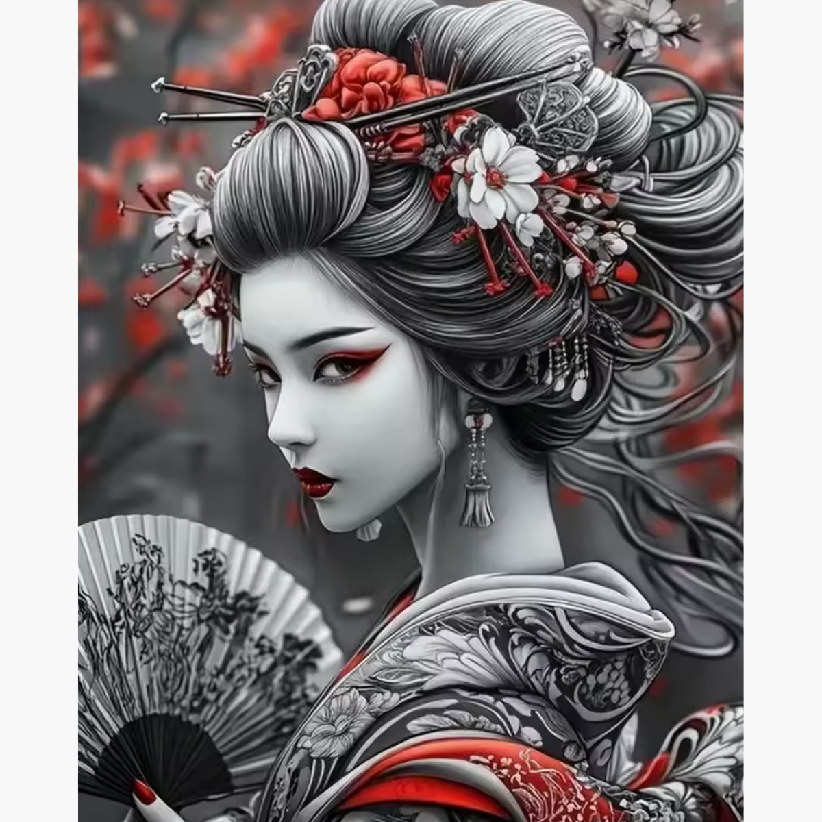 Broderie Diamant - Geisha noir et blanc