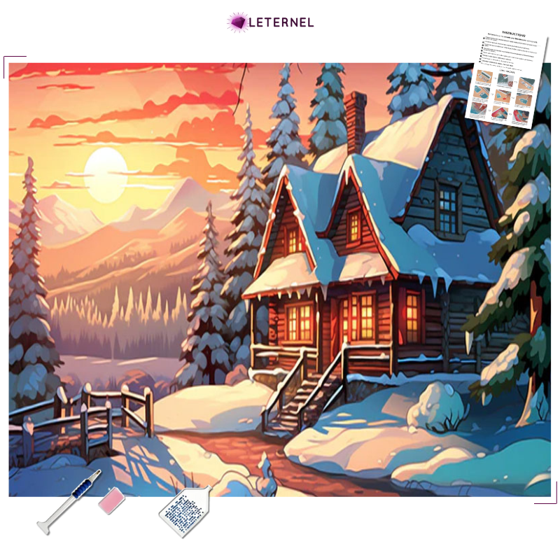 Broderie Diamant - Dessin chalet enneigé