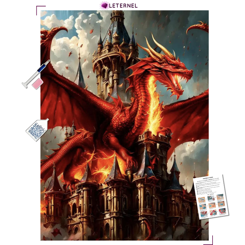 Broderie Diamant - Dragon rouge enflammé