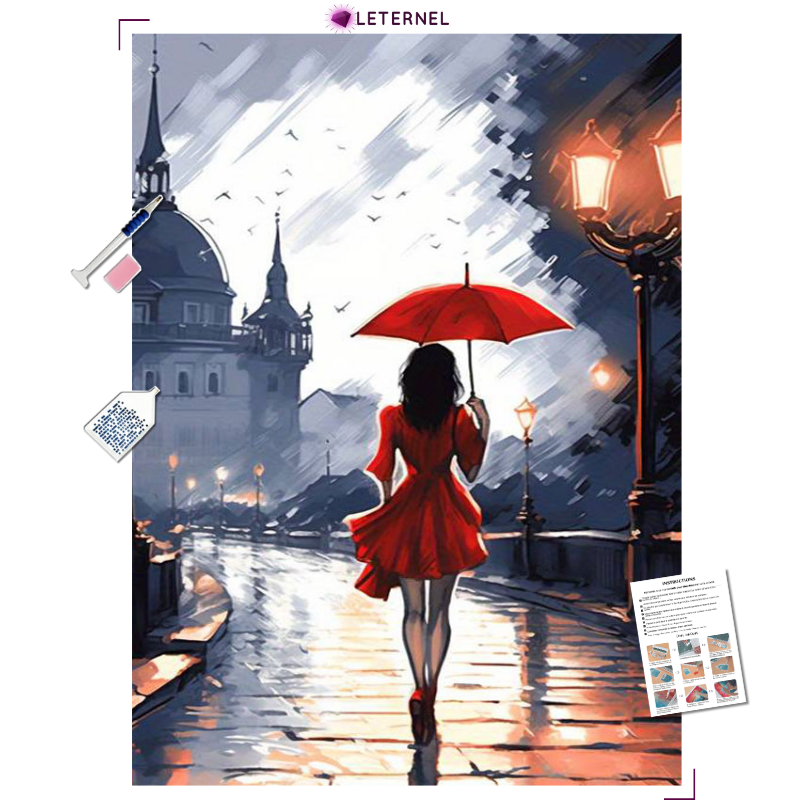 Broderie Diamant - Femme parapluie rouge