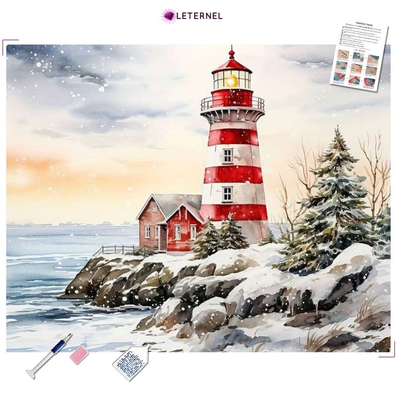 Broderie Diamant - Phare enneigé