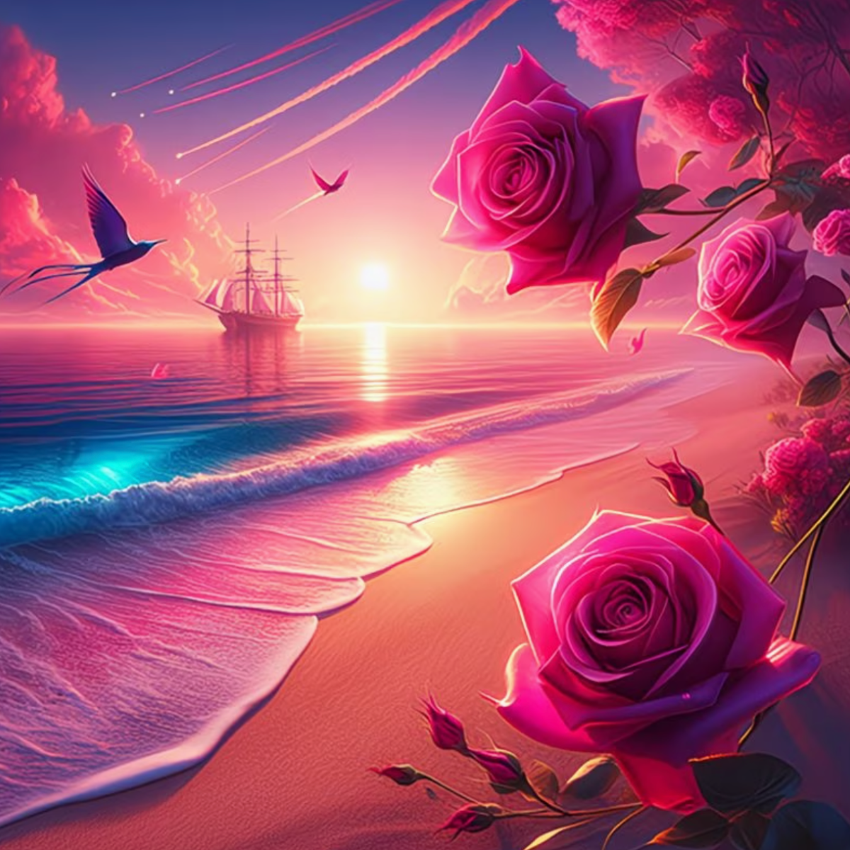 Broderie Diamant - Rose bord de mer