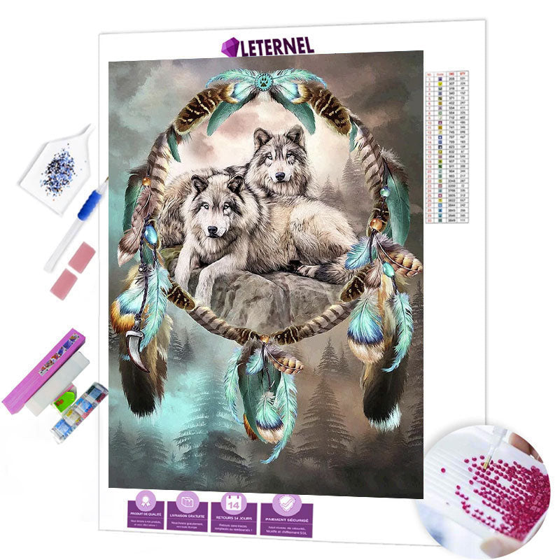 Broderie Diamant - Attrape rêve loups forêt