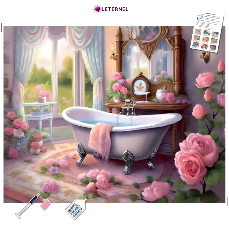 Broderie Diamant - Baignoire roses
