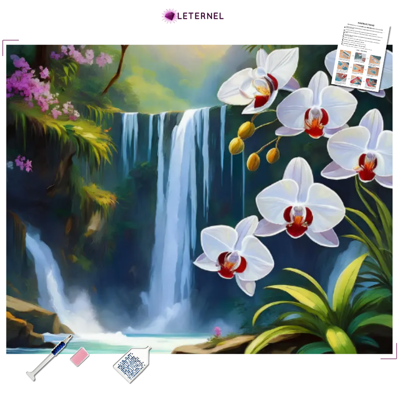 Broderie Diamant - Cascade sauvage orchidées