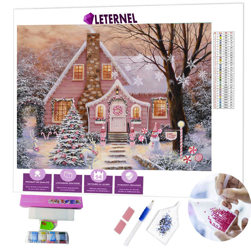 Broderie Diamant - Chalet Noël rose