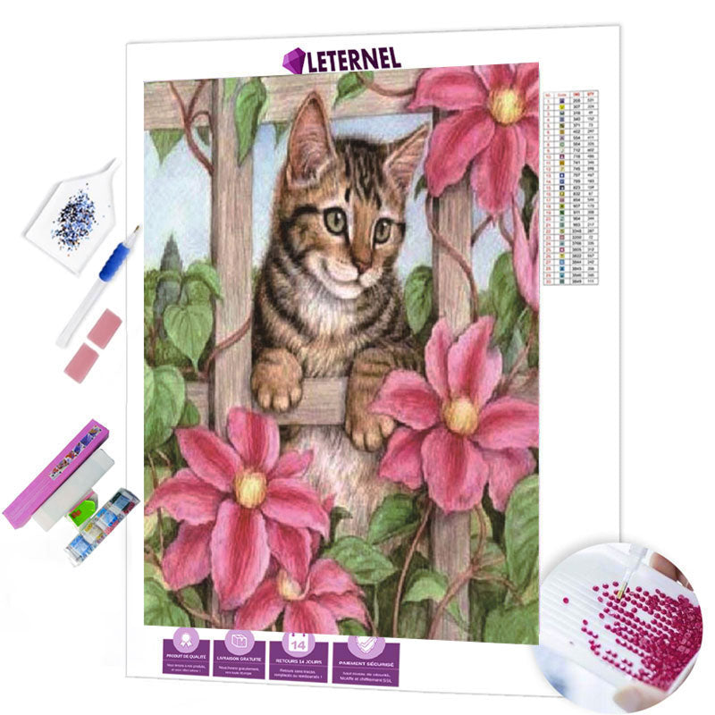 Broderie Diamant - Chaton dans le jardin