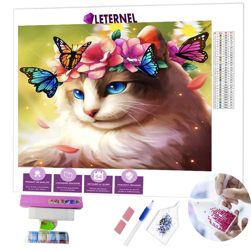 Broderie Diamant - Chat couronne fleurs