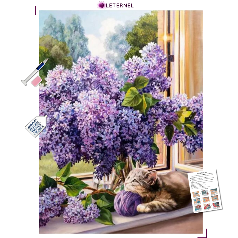 Broderie Diamant - Chat et lilas
