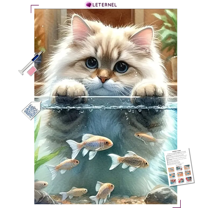 Broderie Diamant - Chat poissons