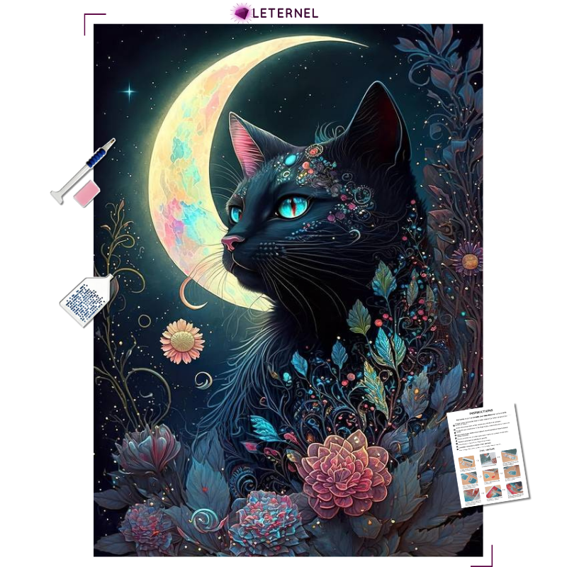 Broderie Diamant - Chat noir lune