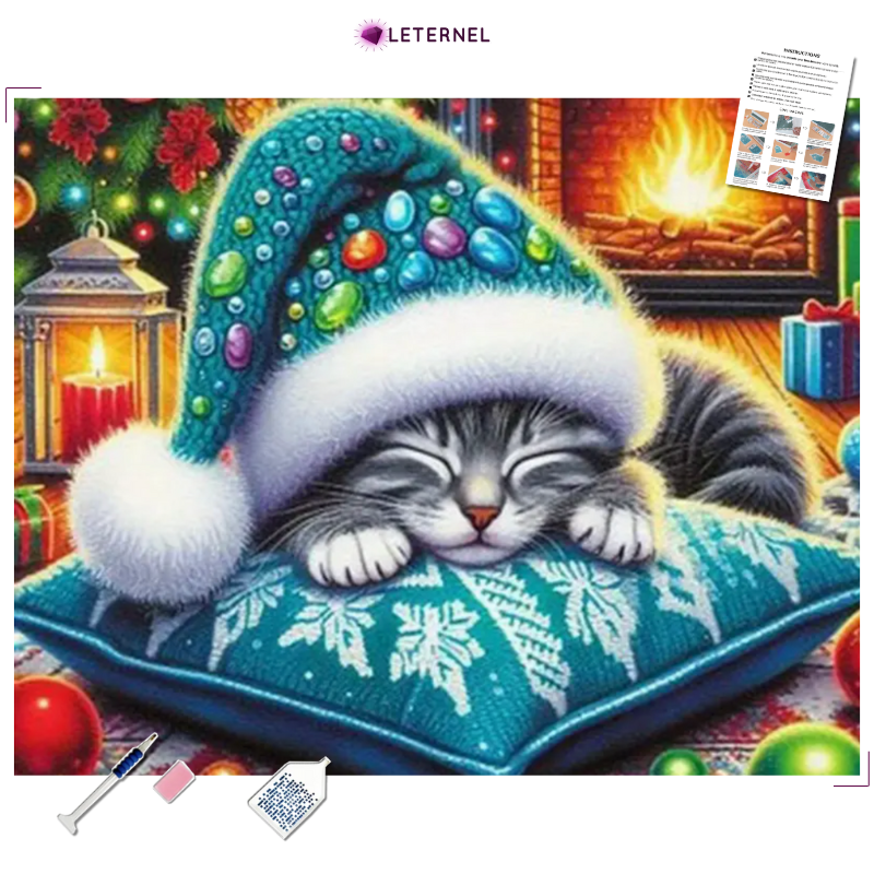 Broderie Diamant - Chaton Noël