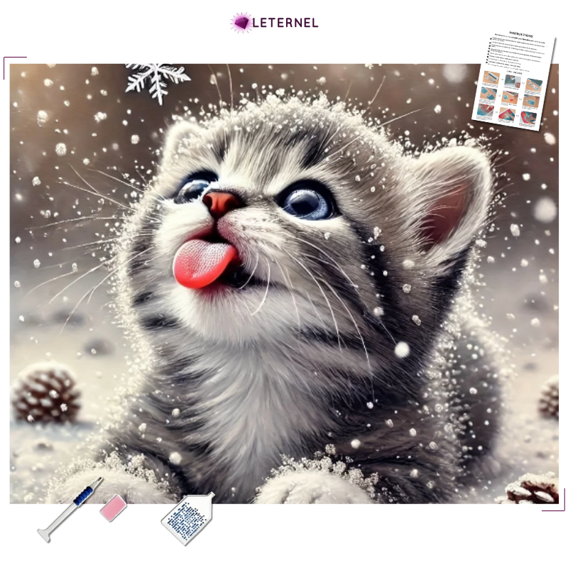 Broderie Diamant - Chaton neige