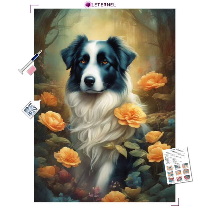Broderie Diamant - Chien fleurs