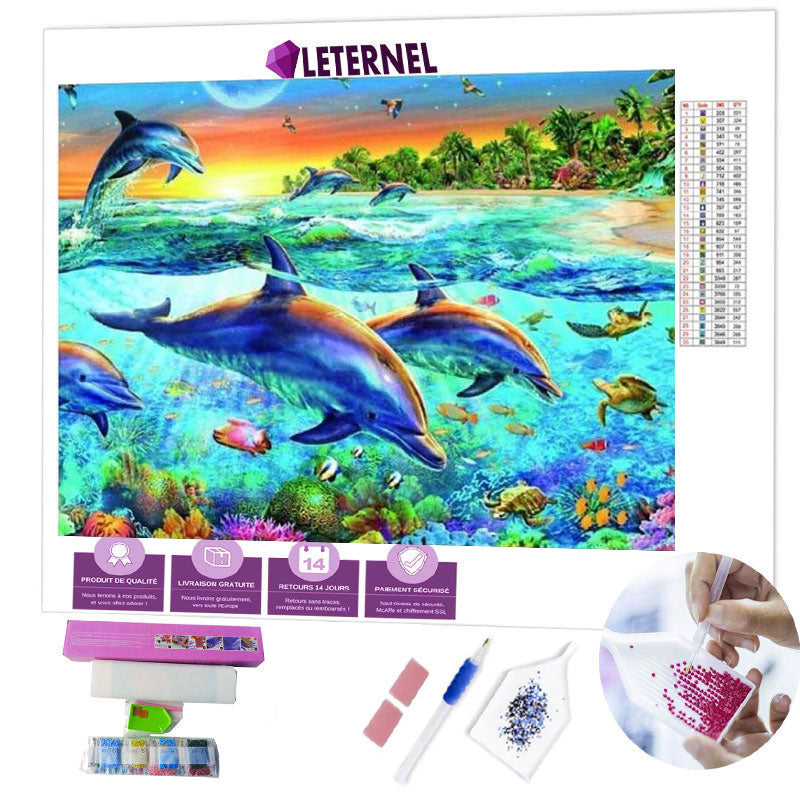 Broderie Diamant - Dauphins bord de plage