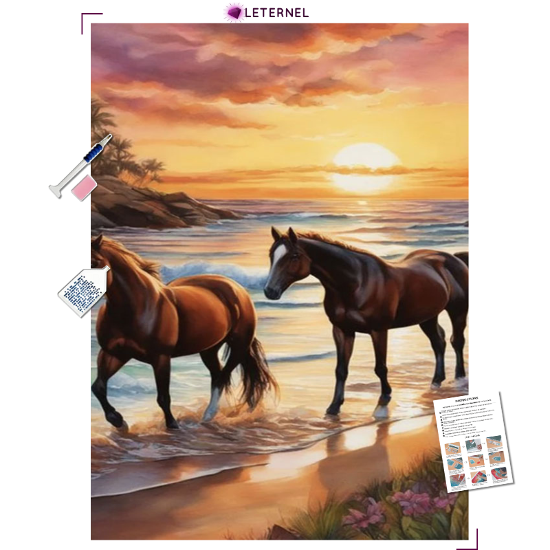 Broderie Diamant - Duo chevaux coucher de soleil