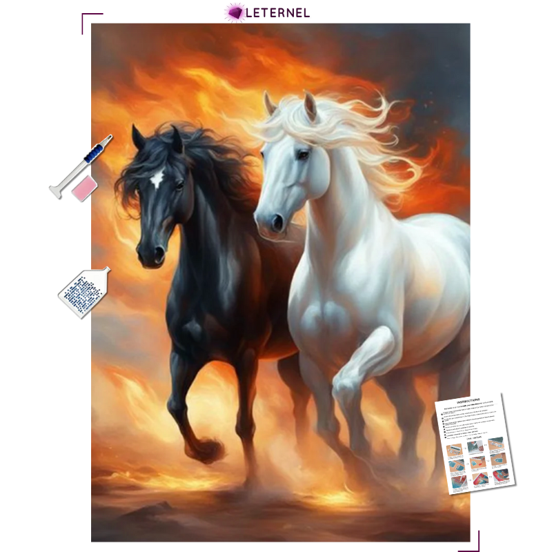 Broderie Diamant - Duo chevaux enflammé