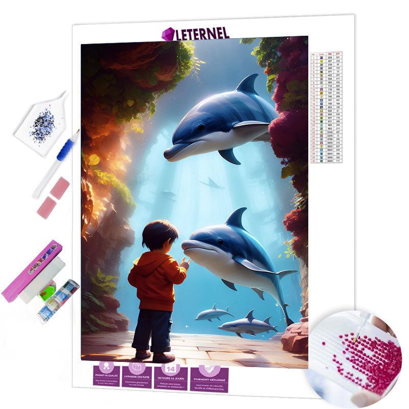 Broderie Diamant - Enfant avec dauphins