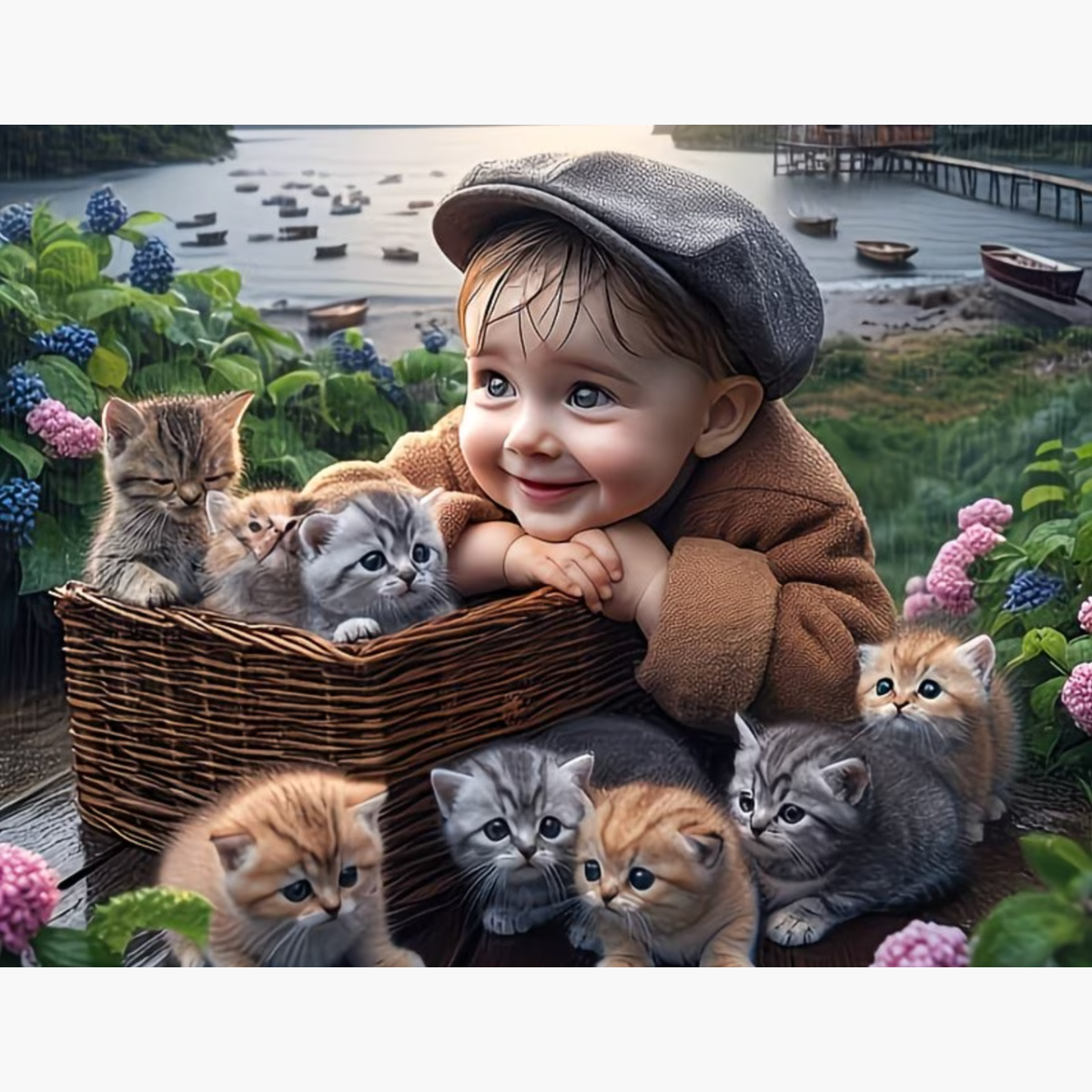 Broderie Diamant - Enfant et ses chatons