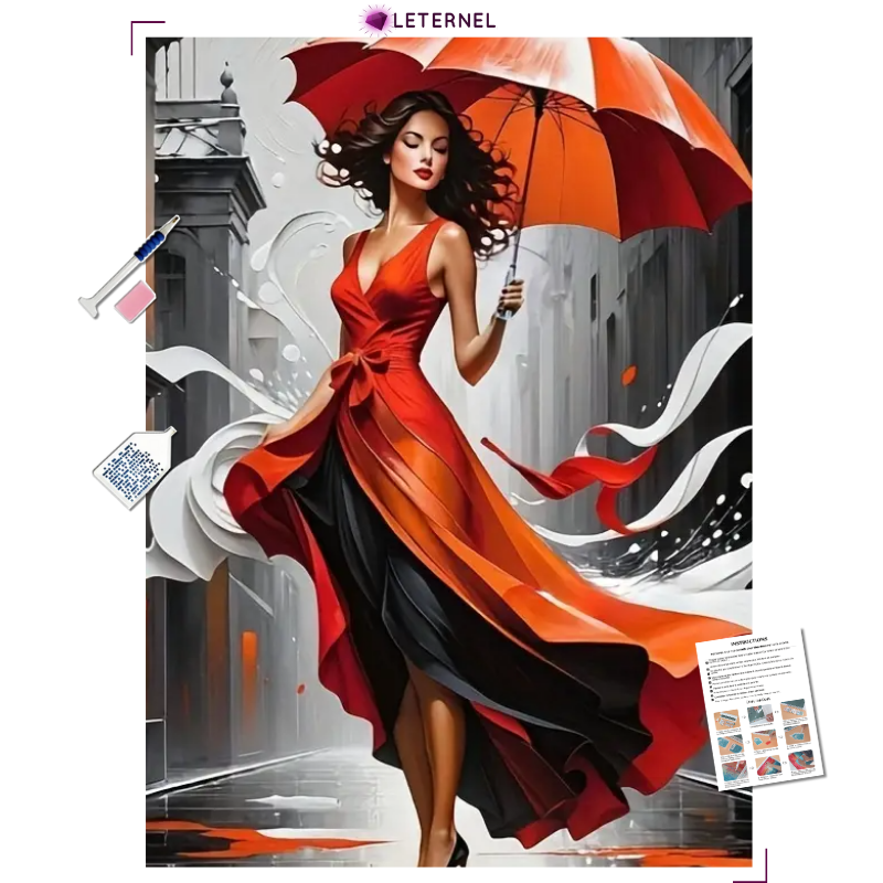 Broderie Diamant - Femme rouge parapluie