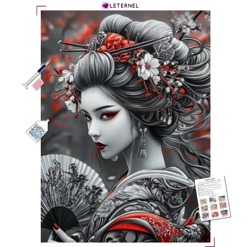 Broderie Diamant - Geisha noir et blanc