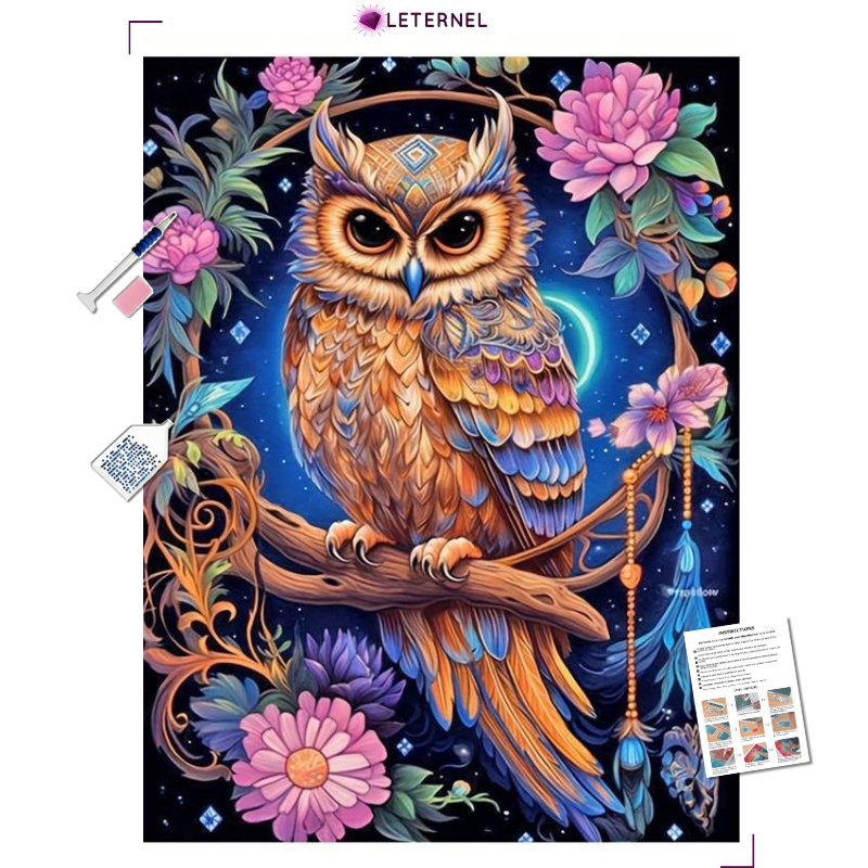 Broderie Diamant - Hibou fleurs