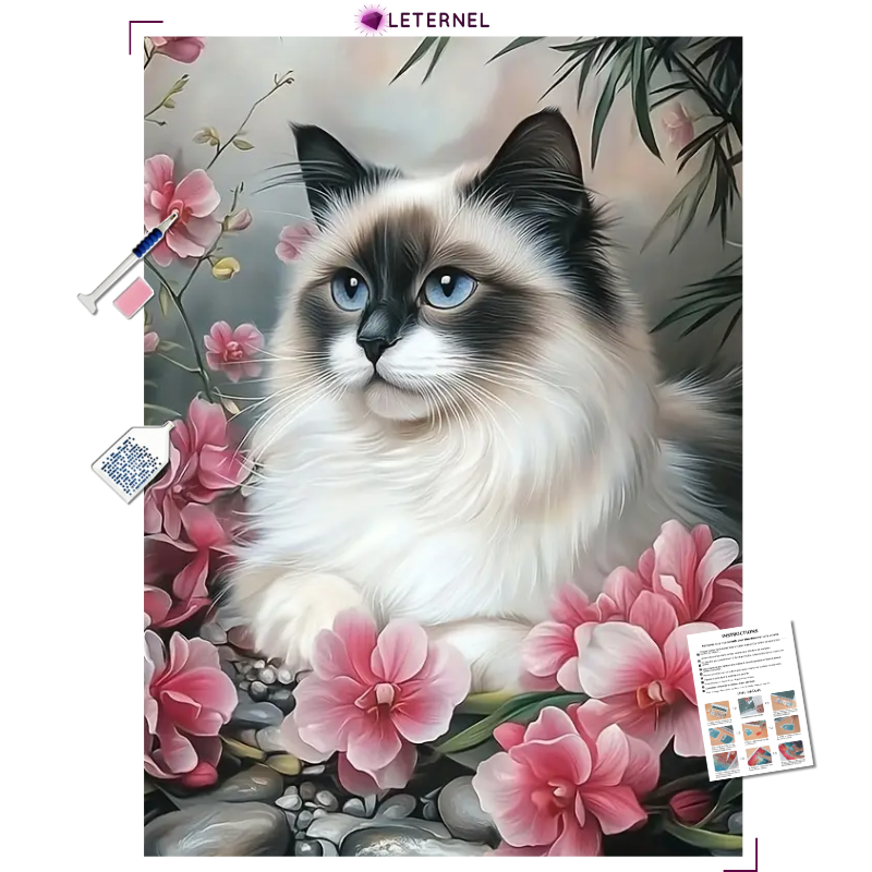 Broderie Diamant - Main coon fleuri
