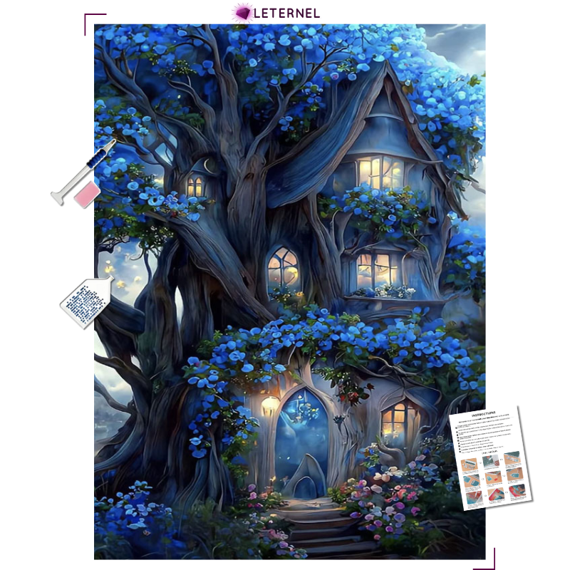 Broderie Diamant - Maison bleue fleurie