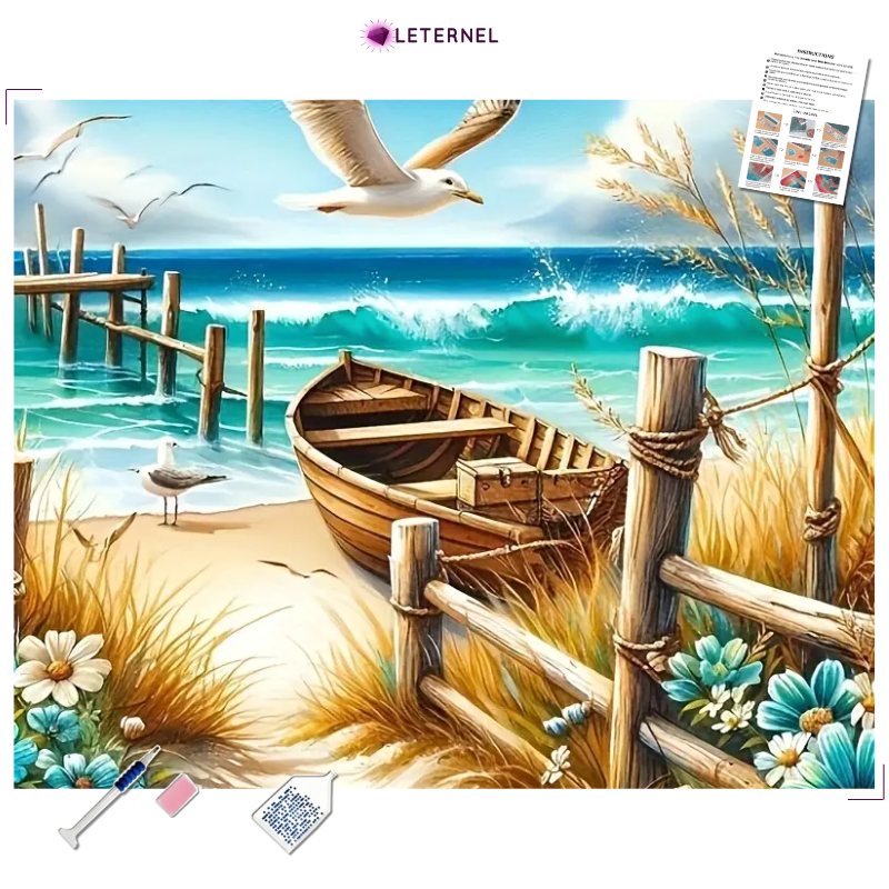 Broderie Diamant - Mouettes plage