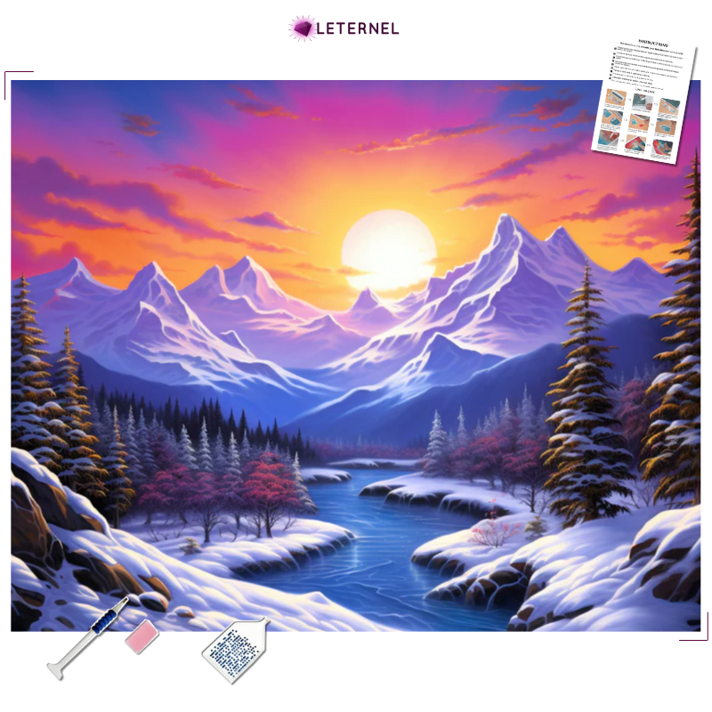 Broderie Diamant - Paysage rivière enneigée