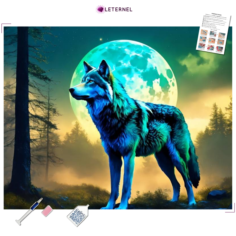 Broderie Diamant - Pleine lune loup