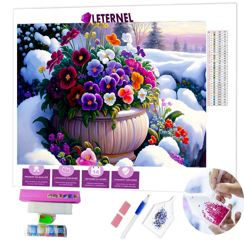 Broderie Diamant - Pot de fleur neige