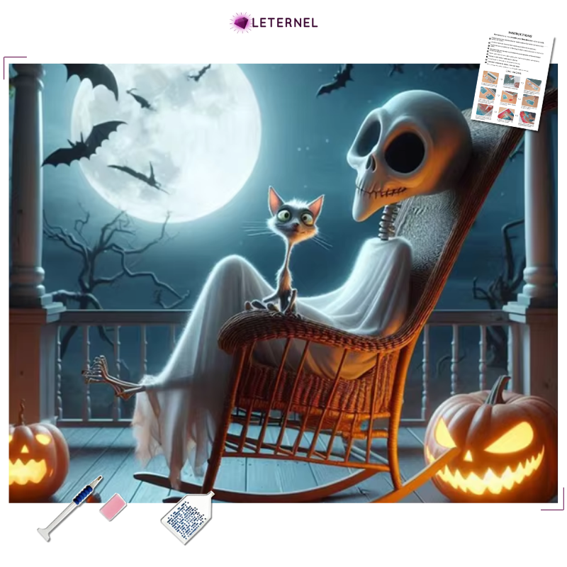 Broderie Diamant - Squelette et chat