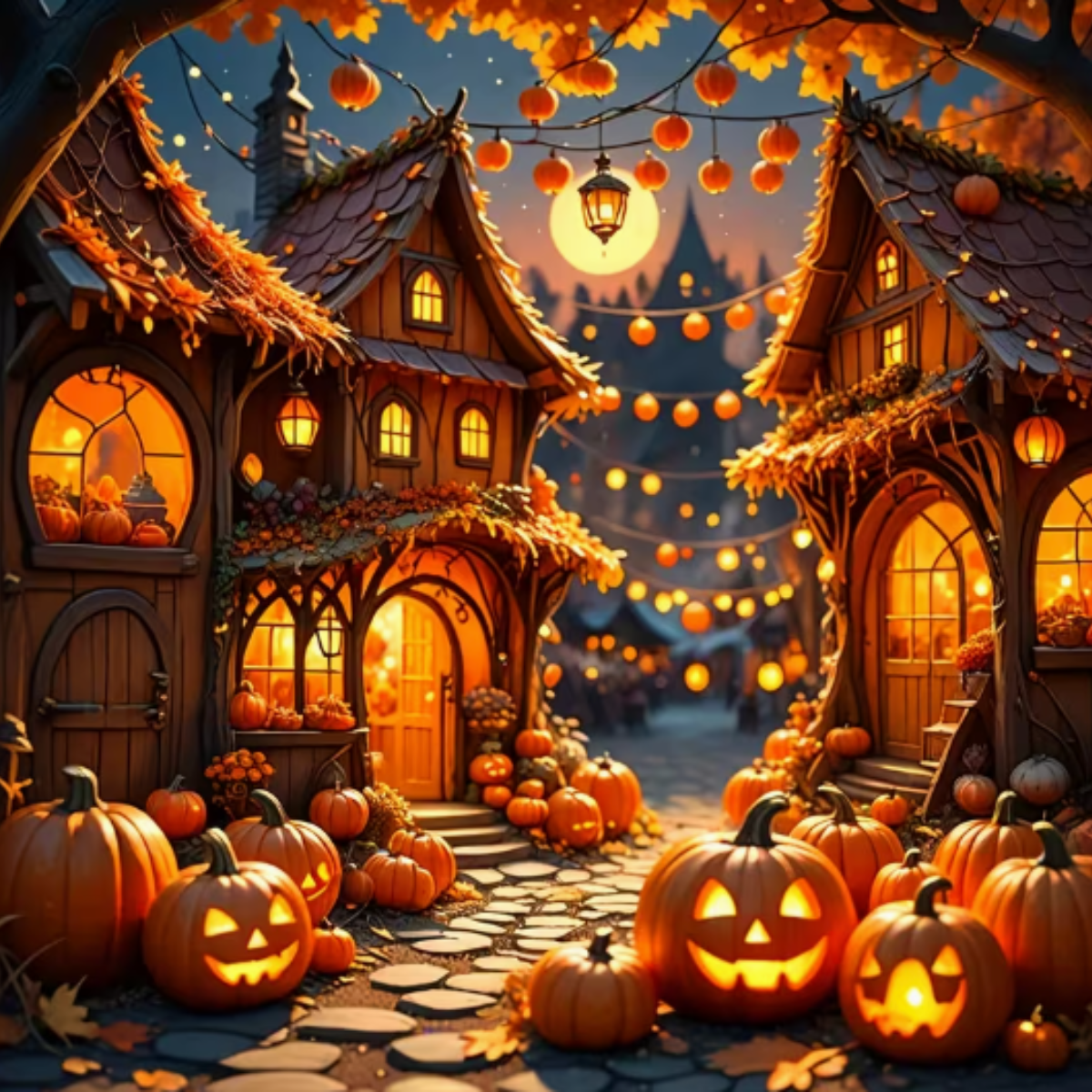 Broderie Diamant - Village citrouilles
