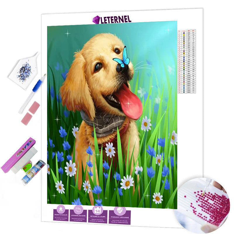 Broderie Diamant - Chiot et papillon