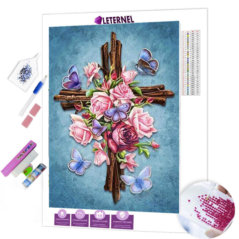 Broderie Diamant - Croix roses et papillons