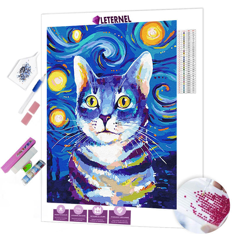 Broderie Diamant - Chat étoilé