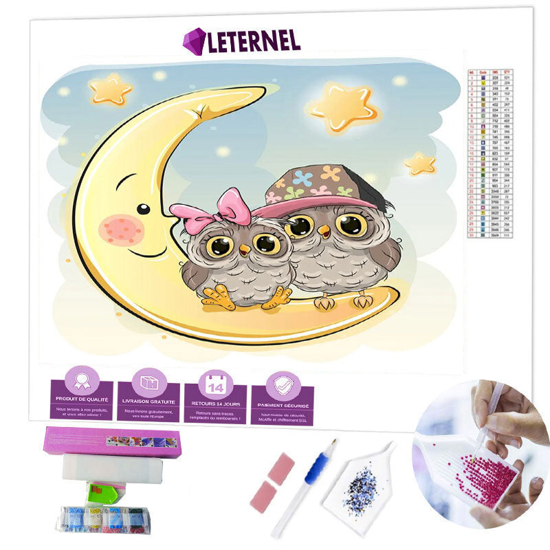 Broderie Diamant - Hiboux sur la lune
